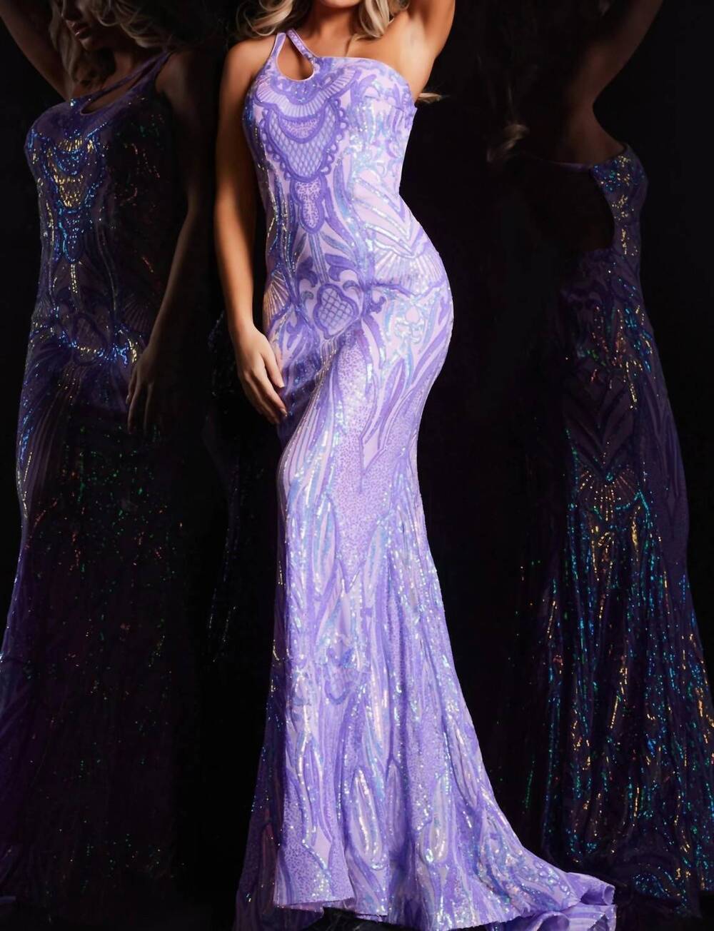 NEW JOVANI one shoulder sequin gown in iridescent purple
